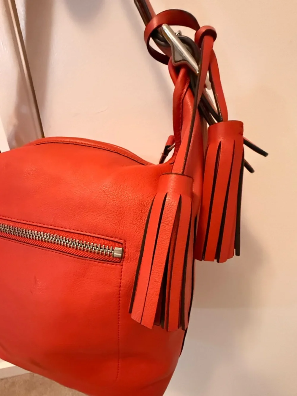 Coach Y2K Coral Red Leather Shoulder Tote Slouchy Boho Tassel Hobo Bag - Picture 6 of 12